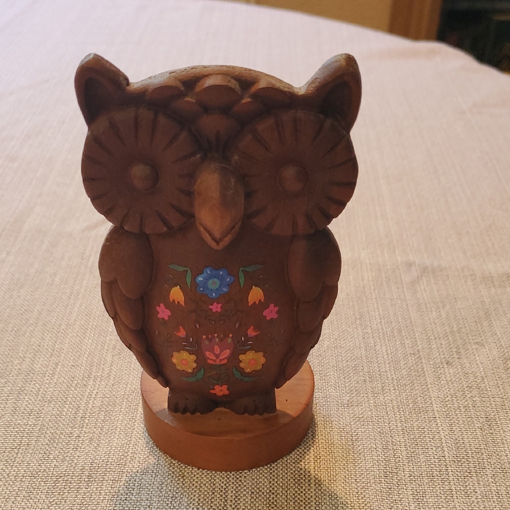 Wooden Owl Figurine with Floral Design